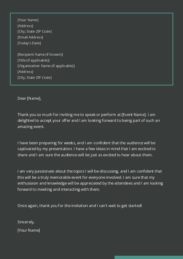 Accept an invitation to speak or perform