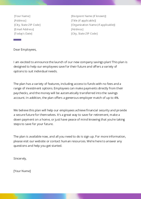 Announce a Company Savings Plan