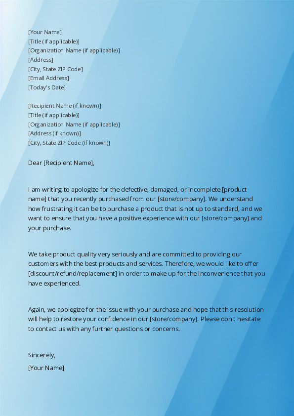 Apologize For a Defective, Damaged, or Incomplete Product