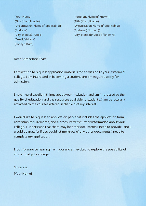 Request Application Materials For Admission to College
