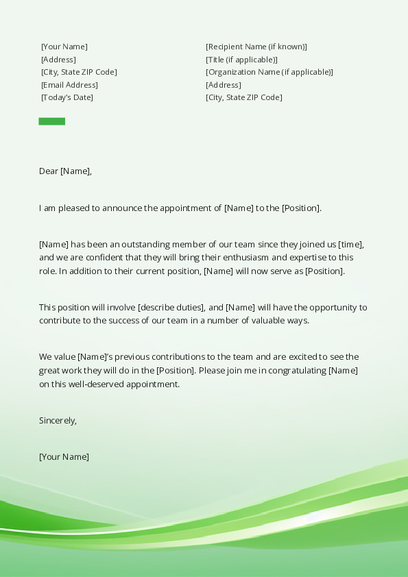 Announce the appointment of an employee to a committee or position