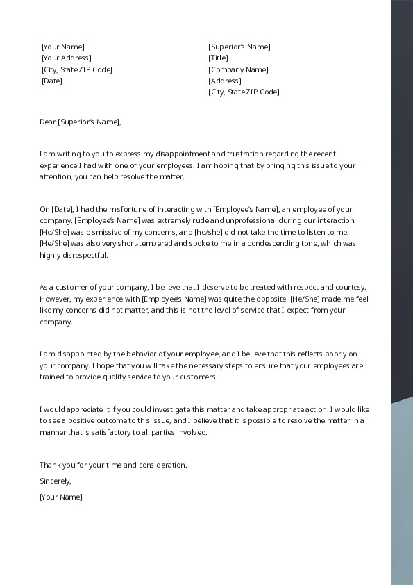 Write a Complaint Letter to a Superior