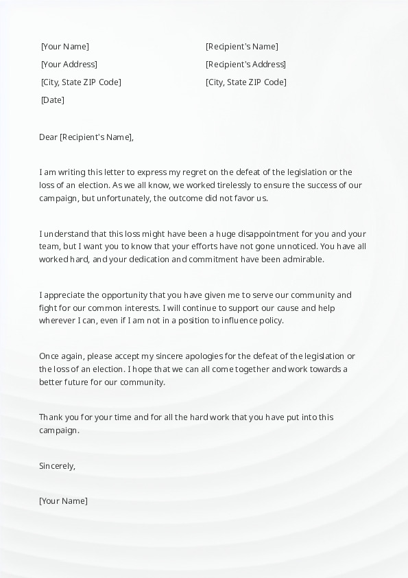 Express Regret on the Defeat of Legislation or the Loss of an Election