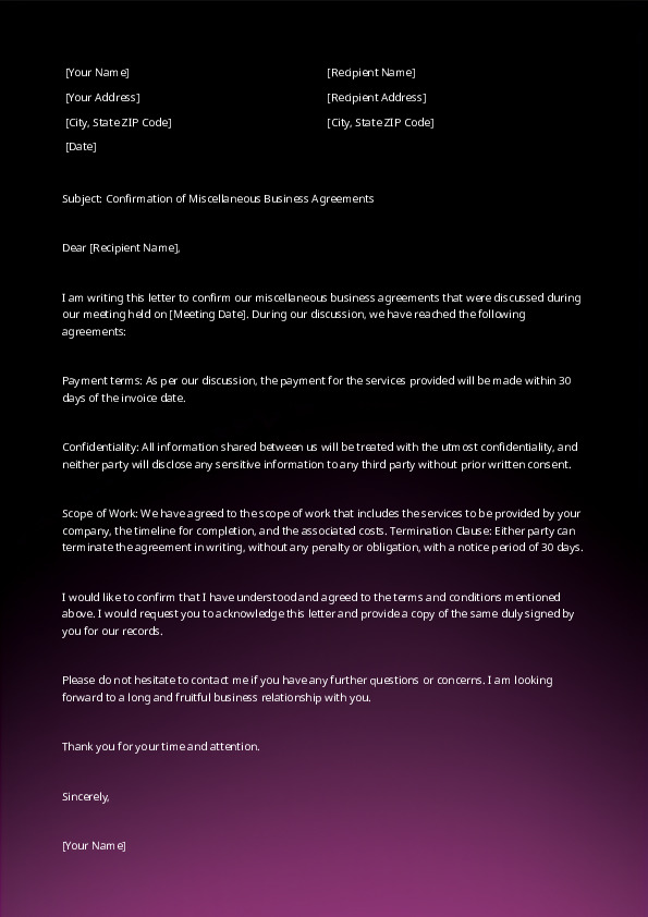 Confirm Miscellaneous Business Agreements 2