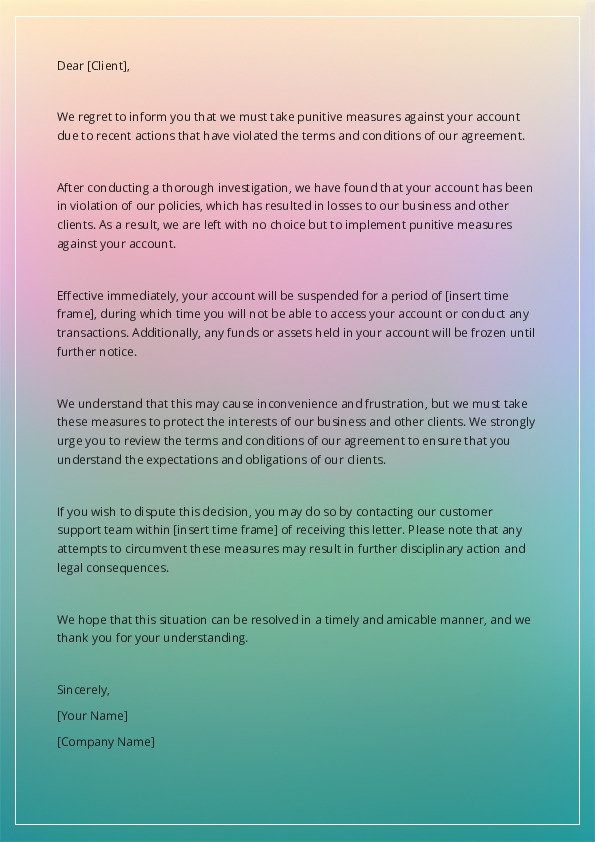 Announce Punitive Measures Against a Client's Account