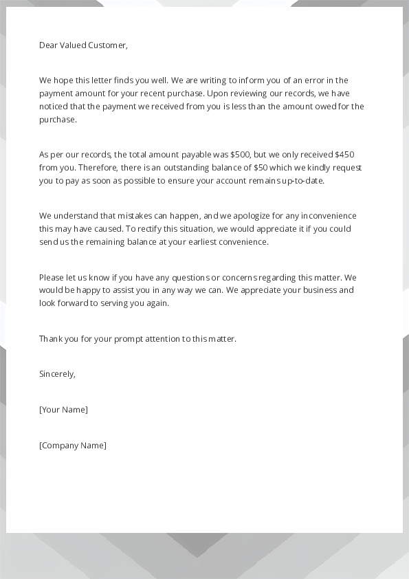 Inform a Customer of an Incorrect Payment Amount and Ask For the Balance