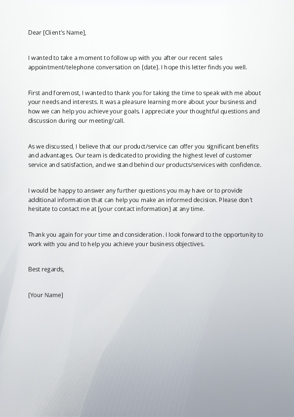 Follow up after a sales appointment or telephone conversation