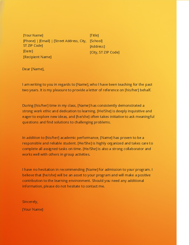 Reference Letter For Student