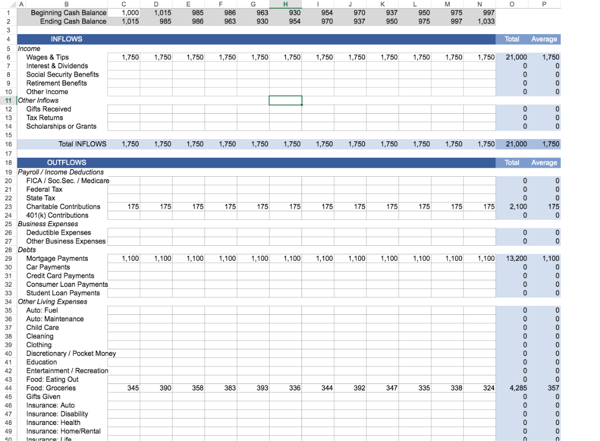 Monthly Cash Flow Worksheet