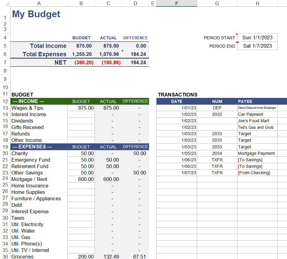 Weekly Budget Template