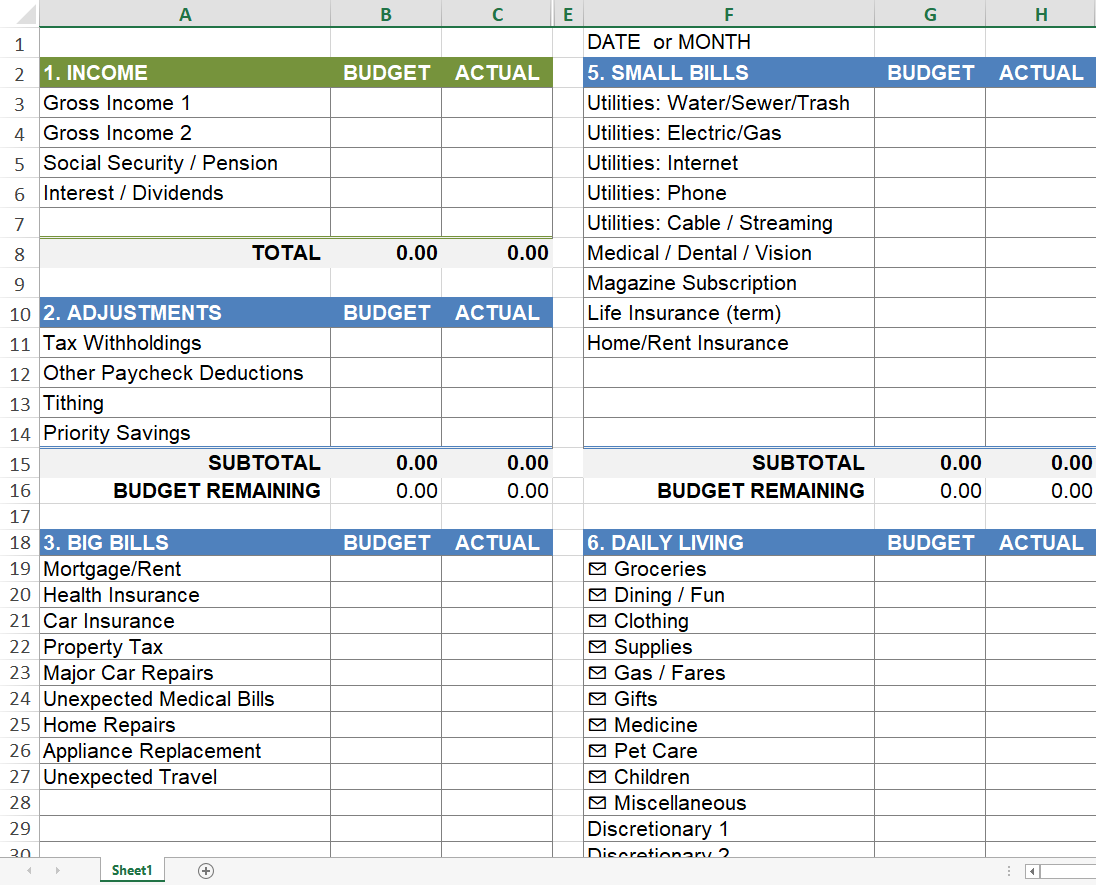 Zero Based Budget Worksheet
