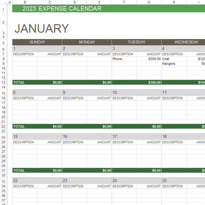 Any Year Expense Calendar