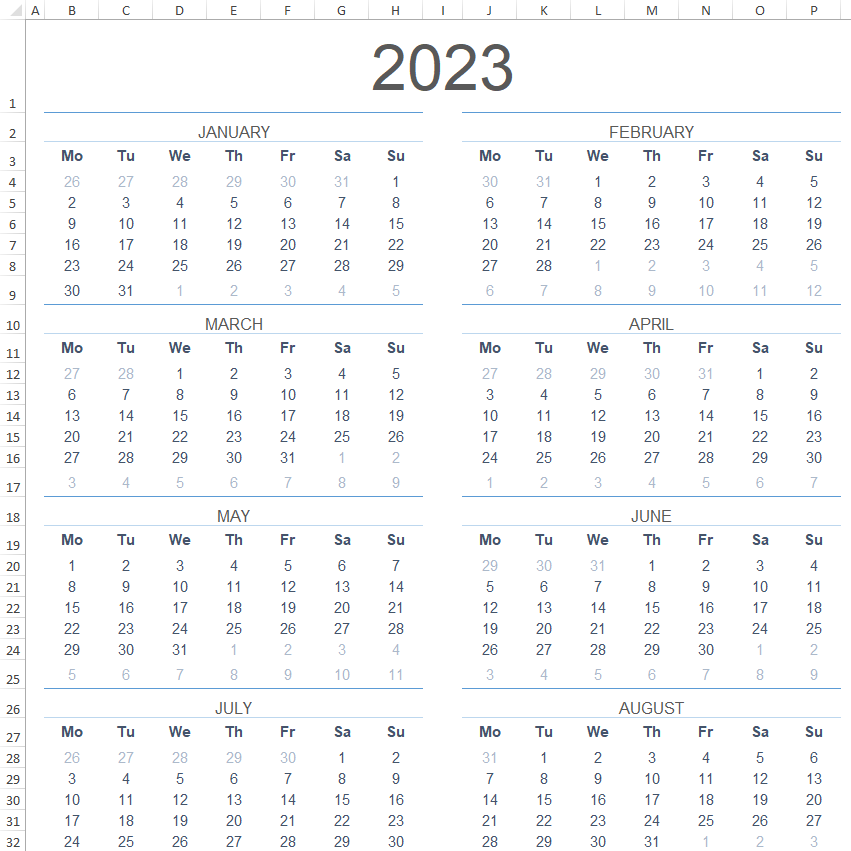 Any year calendar (Mon-Sun)