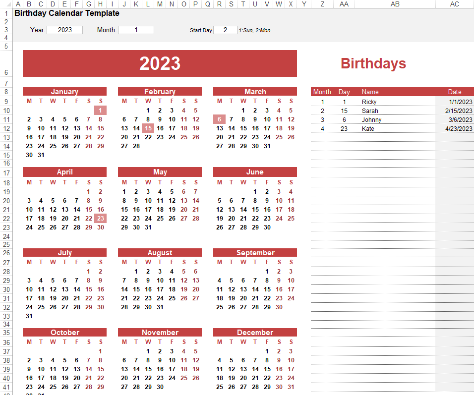 Yearly Birthday Calendar Template